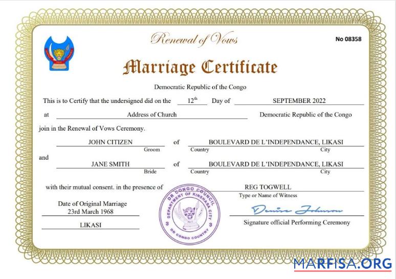 Downloadable Democratic Republic of the Congo marriage certificate Word and PDF template